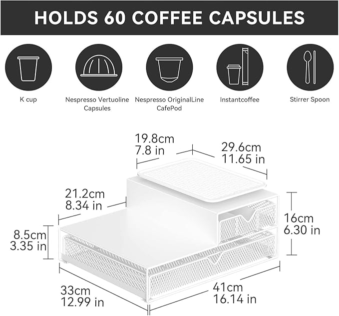 Coffee Maker Countertop Organizer,K Cup Pod Drawers,60 Coffee Capsule Pod Holder,Integrated Design Requires No Assembly.Slidng Storage Pod Baskets,Pod Stands,Silicone Drink Coasters
