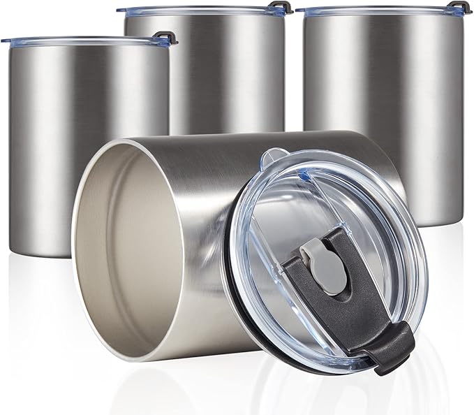 MEWAY 12 oz Lowball, Tumbler Stainless Steel Double Wall Vacuum Insulated Mug with Straw and Lid, Cleaning Brush ，Durable Powder Coated Insulated Coffee Cup for Cold & Hot Drinks (Silver,4 pack)