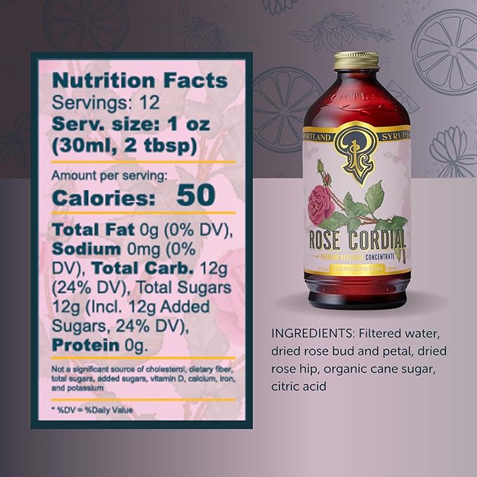 Portland Syrups Rose Cordial Syrup - Craft Exquisite Floral beverages for Cocktails, Mocktails, Soda, and More - 12 oz with 24 Servings (Pack of 1)