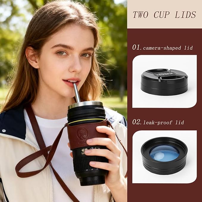 Camera Lens Coffee Mug (420ml/14oz) - Stainless Steel Travel Mug Set with 2 Leak-Proof Lids, Steel Straw, Cleaning Brush & Carrier Strap - Novelty Gift for Photographers & Travelers