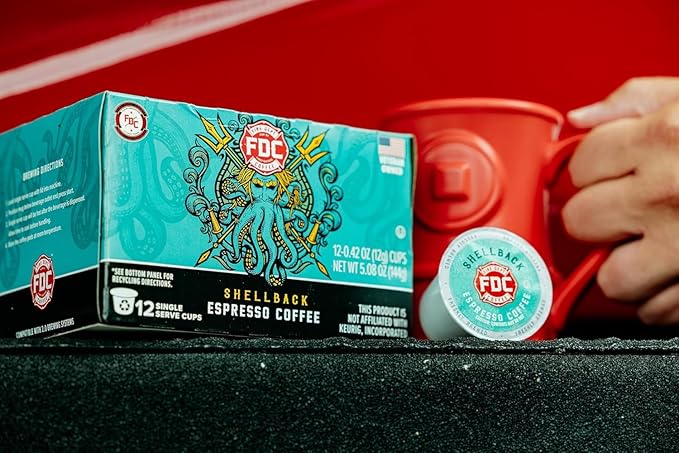 Fire Department Coffee - Gives Back to Firefighters - Shellback Espresso Coffee Pods - Bold & Smooth - Roasted in the USA - Premium Espresso K Cups - Veteran Owned - 24 Single Pods
