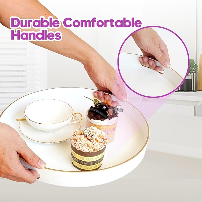 Gifturbo White Round Serving Tray,Decorative Serving Trays with Handles, Coffee Table Tray Ottoman Round Plastic Trays for Living Room, Bathroom