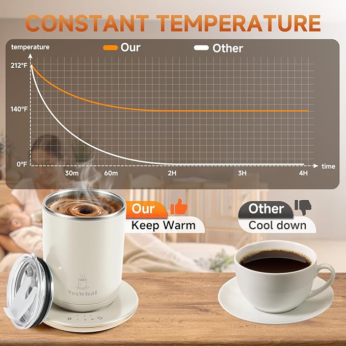 Automatic Self Stirring Coffee Mug with Temperature Control,Type-C Magnetic Mixing Cup,3 Heat Levels,8-Hour Shut-Off,USB Rechargeable Stainless Steel Smart Mug for Tea Milk Protein Shakes White 11oz