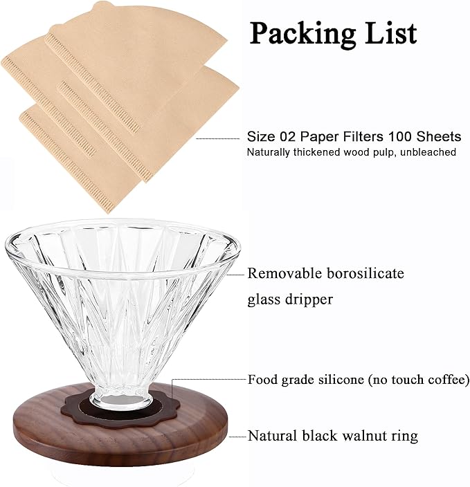 Glass Coffee Dripper with 100 pcs of Size 02 Paper Filter, Borosilicate Glass & Walnut Collar, Pour Over Coffee Maker, 1-3 Cups, Clear