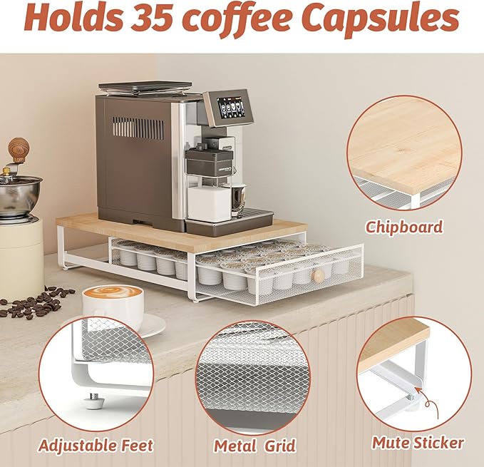 Coffee Pod Holder Counter Coffee Vertuo Capsules Storage Organizer with Sliding Drawer Compatible For 35 K-Cup Pods No Assembly Needed Natural Colour