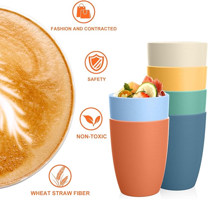 Homienly Wheat Straw Cups, Alternatives to Plastic Cups Reusable Set of 6, Unbreakable Drinking Cup Water Tumblers for Kitchen,Camping, Party, Dishwasher Safe Drinking Glasses Set(12 OZ, Colorful)