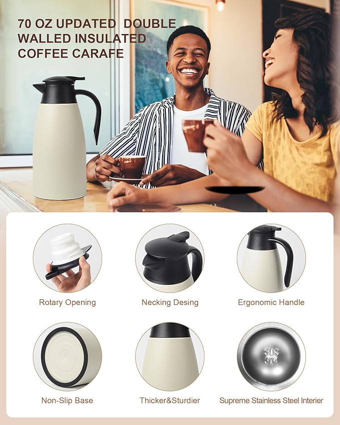 70 Oz Stainless Steel Coffee Carafe, Keeps Hot Beverages for 12 Hours, Double Walled Vacuum Insulated Carafe (White)