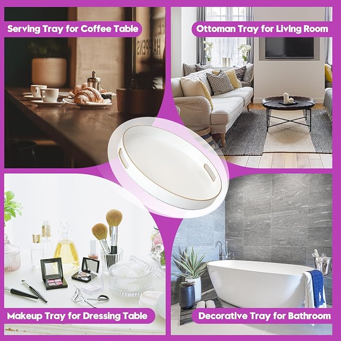 Gifturbo White Round Serving Tray,Decorative Serving Trays with Handles, Coffee Table Tray Ottoman Round Plastic Trays for Living Room, Bathroom