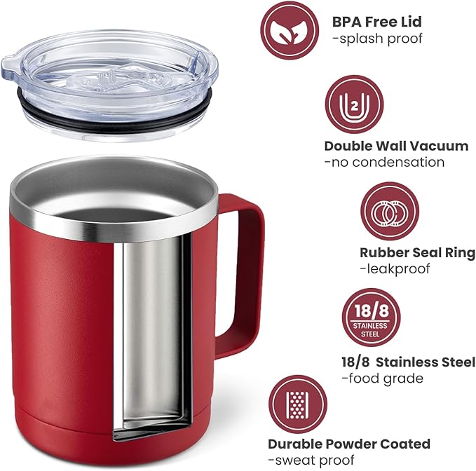 MEWAY 12oz Coffee Mug With Handle 2 Pack Bulk,Stainless Steel Insulated Travel Tumblers With Sliding Lid,Double Wall Vacuum Camping Cup for Hot & Cold Drinks Tea (Red,Set of 2)