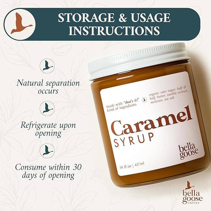 Bella Goose Salted Caramel Coffee Syrup (16oz) - Homemade Pure Cane Sugar Syrup for Lattes, Desserts, & Ice Cream - Clean Ingredient - No Artificial Flavors, Oils, Dyes, Preservatives - Syrups for Coffee Drinks