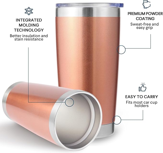 Volhoply 20oz Stainless Steel Tumbler with Lid and Straw Bulk 4 Pack,Double Wall Insulated Travel Ice Coffee Mug Fits Cup holder,Powder Coated Cups for Hot/Cold Drinks,Gifts for Women（Rose Gold,4 Set）