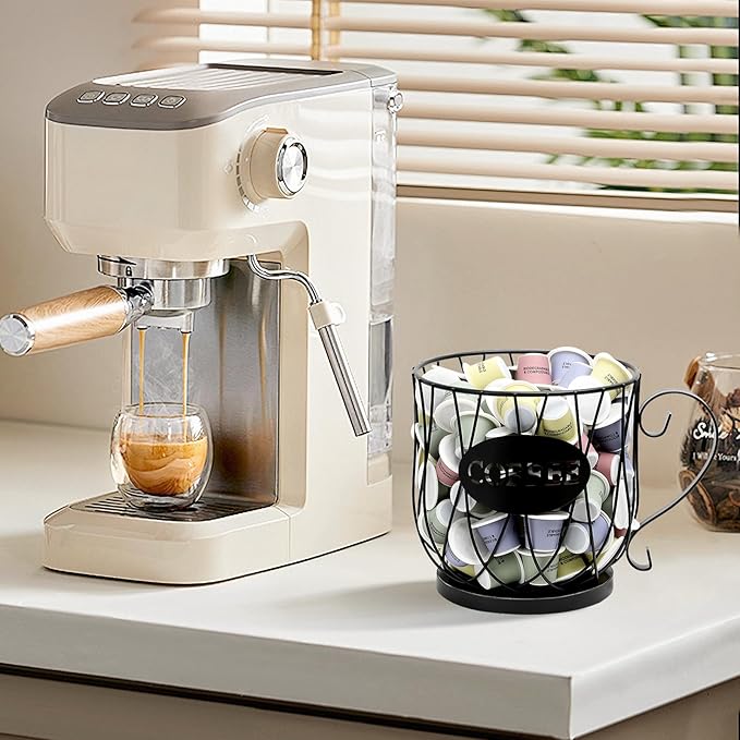 Coffee Pod Holder Organizer, Large Capacity K Cup Holder Organizer, Storage Basket for Kitchen Countertop Office Coffee Bar with Wooden Base(Rustic Black-Round)