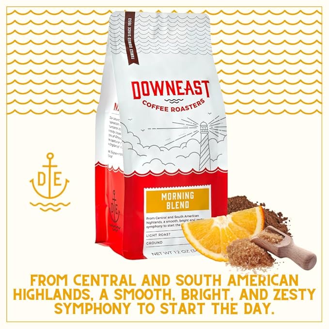 Downeast Coffee Roasters Ground Coffee - Morning Breakfast Blend, Light Roast, 100% Arabica Coffee - Smooth, Bright and Balanced - South American Highlands Blend (GROUND COFFEE, 12 oz Bag)