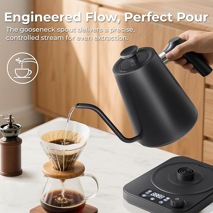 Gooseneck Electric Kettle, ±1°F Precision Control, Smart Altitude Adjustment, 24H Keep Warm, 30-Min Auto Memory, Food Grade Stainless Steel, Pour Over Kettle for Coffee and Tea, 1200W/1.0L