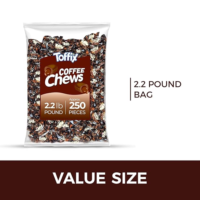 Toffix Coffee Chews, Center-Filled Soft Chewy Candy, 250 Pieces of Individually Wrapped Snacks for Kids & Adults, Coffee Flavored Chewy Candies - 2 Pound Bulk Bag - Pack of 8