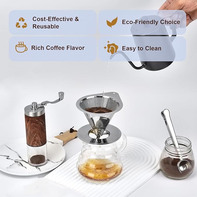 Stainless Steel Pour Over Coffee Dripper, Reusable Fine Mesh Filter for 1-2 Cups, Paperless Coffee Maker for Home, Travel, Camping
