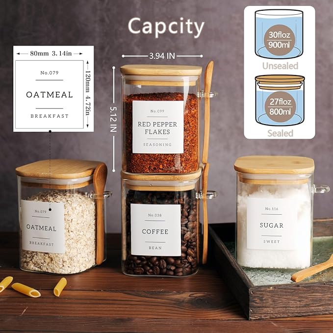 Set of 4 Square Glass Jar with Bamboo Lids and Spoons – Airtight 27 oz Borosilicate Glass Food Storage Contaienrs with 132 Kitchen Pantry Labels for Coffee, Tea, Sugar