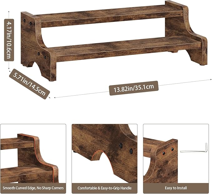 Wood Display Stand, 2 Tier Perfume Organizer Display Riser Cupcake Stand, Tiered Step Shelf Countertop Spice Storage Holder for Kitchen Pantry Cabinet, Rustic Brown