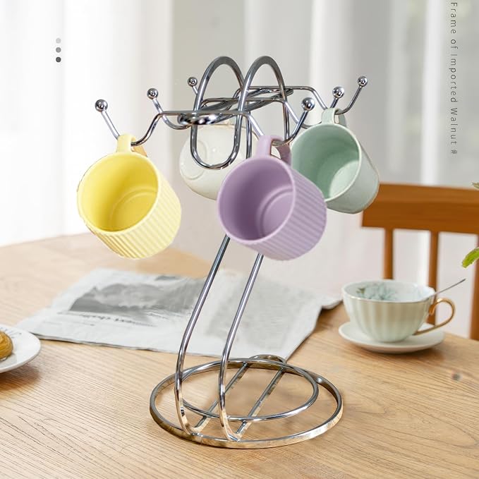 Coffee Mug Holder Metal,Mug TeaCups Holders Countertop,Coffee Mug Tea Cup Stand Storage Rack Tabletop Counter 6 Hooks(Silver)