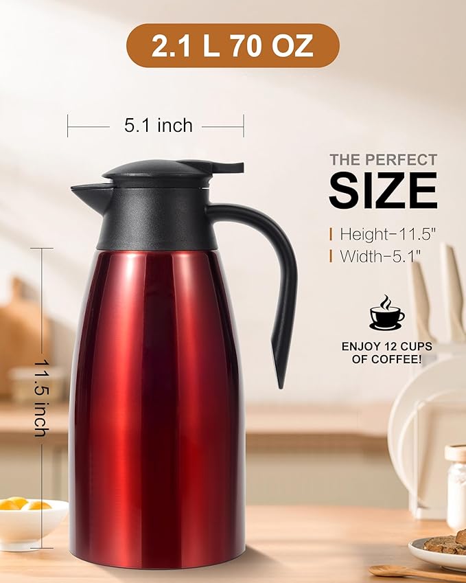 70 Oz Thermal Coffee Carafe for keeping hot, 2 PCS Airpot dispenser, Insulated Stainless Steel Vacuum Thermal Pot for Coffee, Hot Water,Keep Hot 12 Hours (black+red)