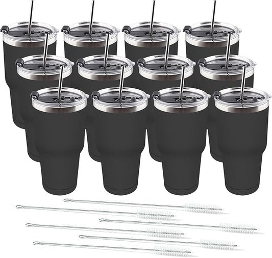 Amtidy 12 Pack 30oz Travel Mug, Powder Coated Stainless Steel Vacuum Double Wall Bulk Tumbler, Durable Insulated Coffe Cup with Splash Proof Lids straw and cleaning brush，for Home, Office, Party