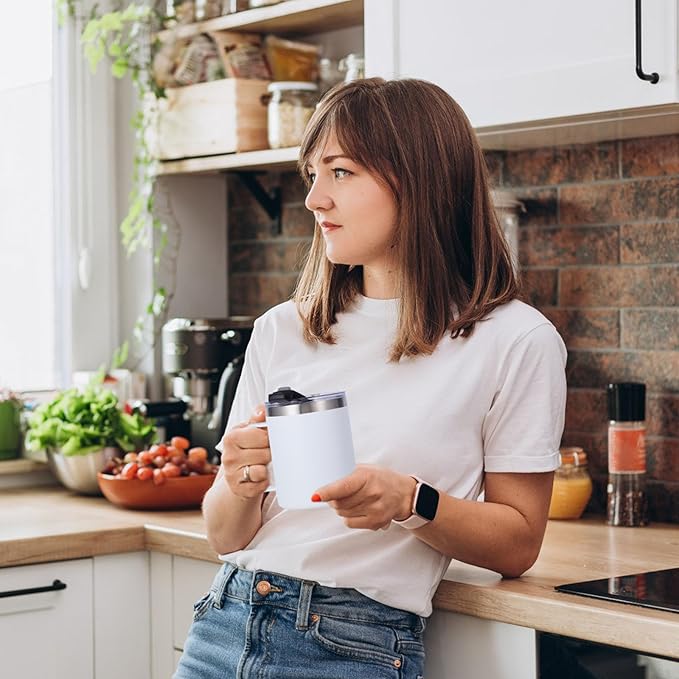 Volhoply 12oz Insulated Leakproof Coffee Mug with Flip & Straw Lid,Double Wall Vacuum Stainless Steel Travel Cafe Tumbler Cup with Handle,Reusable Camping Mugs Keep Cold/Hot(White,1 Set)