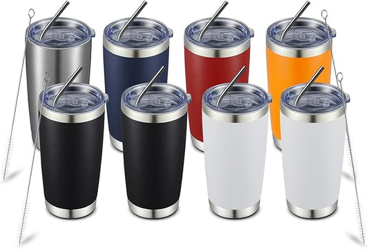 COMOOO 20oz Tumbler with Straw Stainless Steel Insulated Coffee Tumbler Cups Double Wall Vacuum Travel Coffee Mug with Splash Proof Sliding Lid for Hot Cold Drinks (Mix Color,8 Pack)