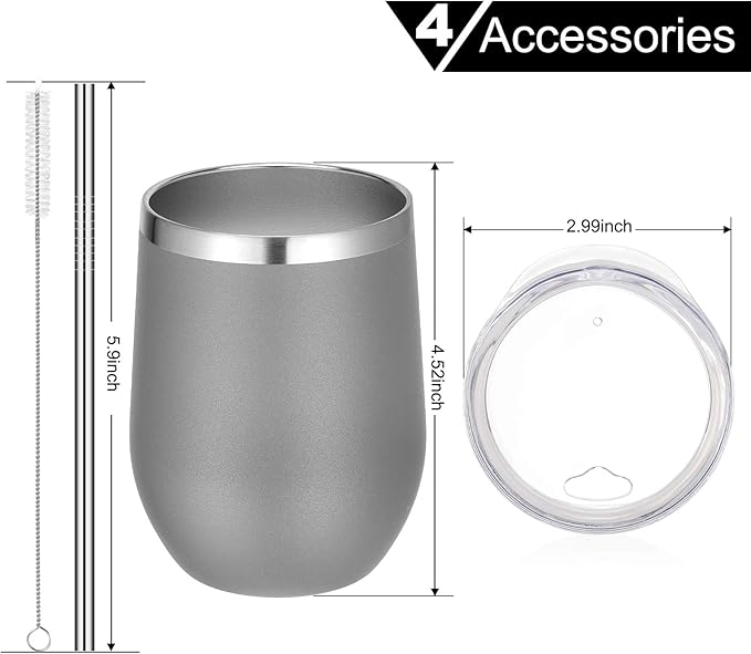 VEGOND Wine Tumblers Bulk 6 Pack, 12oz Stainless Steel Stemless Wine Glass with Lids and Straws, Double Wall Vacuum Insulated Tumbler Cup, Coffee Mug for Cold Hot Drinks