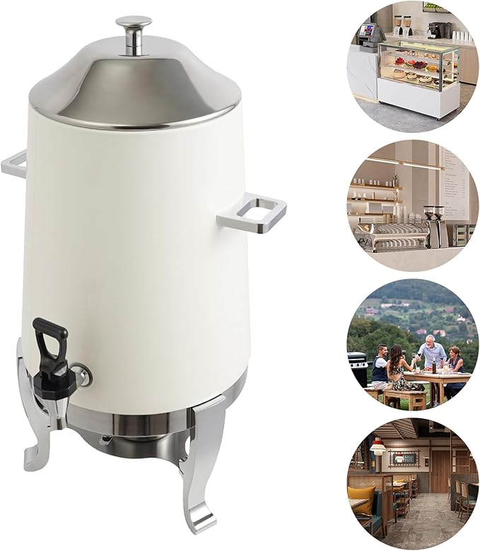 Stainless Steel Beverage Dispensers, Drink Dispenser with Fuel Holder & Base & Stainless Steel Faucet 3.4Gal Hot Beverage Dispenser, Commercial Coffee Urn for Hotels, Canteens（Silver, White）
