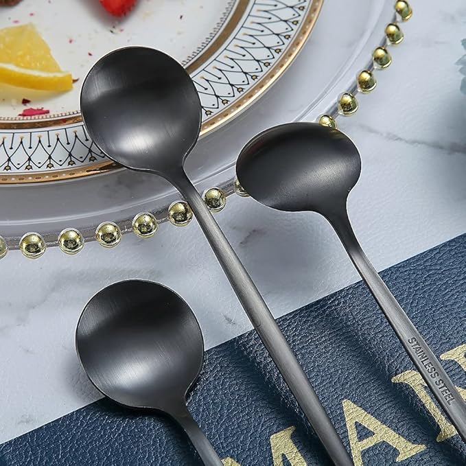 Matt Black 6 Piece Teaspoons, 6.6'' Silverware, Stainless Steel Small Spoons for Home, Kitchen or Restaurant, Dishwasher Safe