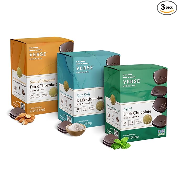 Verse Dark Chocolate Squares Variety Pack - Mint, Sea Salt, Salted Almond w/Low Cane Sugar, High Cacao - Premium Dark Chocolates - Individually Wrapped Chocolate Squares (9 Count, 3 Pack)