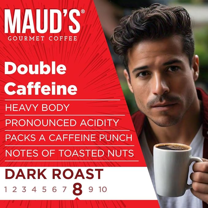 Maud's Double Caffeine Coffee Pods, 18 ct, Dark Roast Coffee in Recyclable Single Serve Pods – 100% Arabica Coffee, Compatible with Keurig K Cups Maker