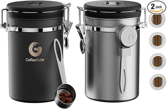 Coffee Gator Coffee Canister, 2pack 22oz Airtight Stainless Steel Kitchen Food Storage Container with Date Tracker, Scoop for Sugar, Grounds, Beans,Tea, Cereal, Flour, Cookies Jars - Gray&Silver