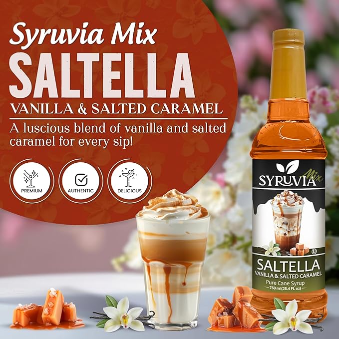 Syruvia Coffee Syrup, SALTELLA Syrup, Vanilla Salted Caramel Flavored Syrup for Drinks, Lattes, and Desserts – 25.4 fl oz,