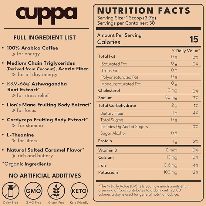 Cuppa Salted Caramel Healthy Mushroom Insant Coffee with Lion's Mane & Ashwagandha for All Day Energy & Focus - No Crash or Jitters - Nootropics for Brain Health, Gut Health, Immunity, Stress, Memory + Mood (30 Servings, Medium Roast)