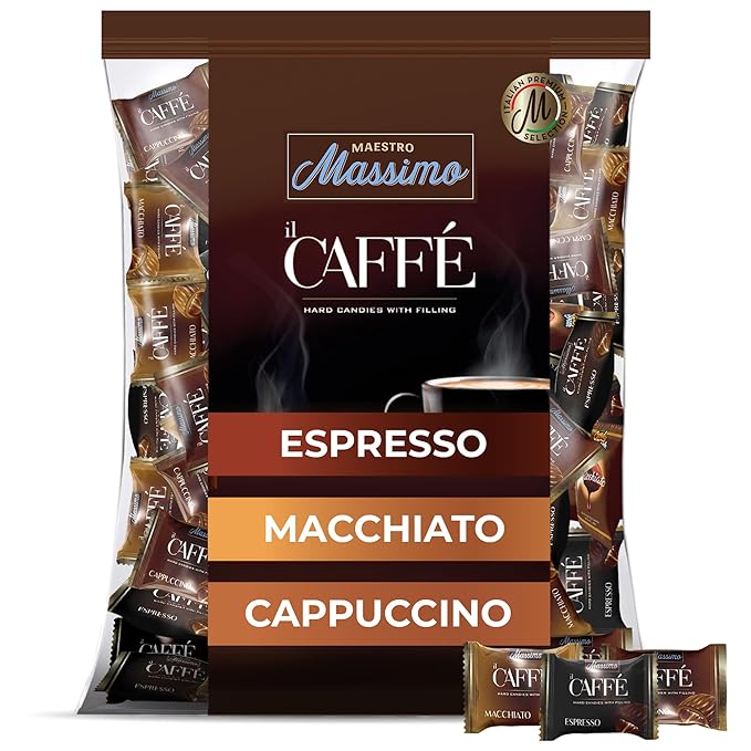 Maestro Massimo Coffee Candy with Center Filling, 3mg Caffeine per Candy, Individually Wrapped, Macchiato, Espresso, Cappuccino Flavored, 7.05 oz Bag - Pack of 1