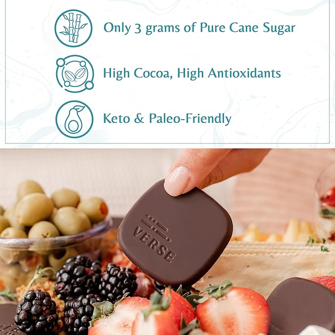 Verse Dark Chocolate Sea Salt Squares - Only 3g Cane Sugar - Creamy 70% Cocoa Dark Chocolate - Individually Wrapped Cacao Bar Squares (30 Count)