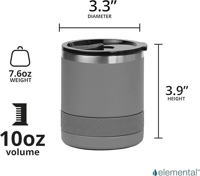 Elemental Recess Lowball Tumbler, 10oz Triple Wall Stainless Steel Cup with Non-Shattered Tritan Lid, Insulated Whiskey Glass, Insulated Coffee Tumbler Mug for Hot & Cold Drinks - Graphite