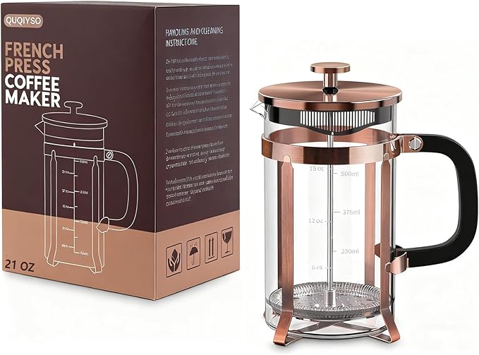 QUQIYSO Coffee Maker 304 Stainless Steel French Press with 4 Filter, Heat Resistant Durable, Easy to Clean, Borosilicate Glass Coffee Press, 100% BPA Free Teapot, 21 ounce, copper