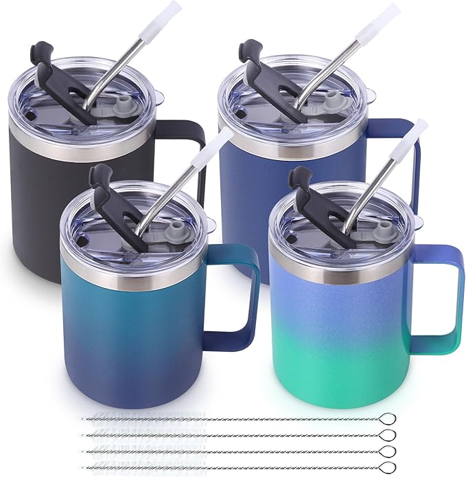 Volhoply 12oz Insulated Leakproof Coffee Mug with Sliding & Straw Lid Bulk 4 Pack,Double Wall Vacuum Stainless Steel Travel Tumbler Cup with Handle,Camping Mugs Keep Cold/Hot(Assort color,4 Set)