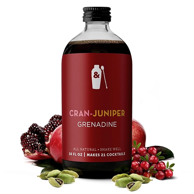 Shaker & Spoon Grenadine Cocktail Syrup, 16oz Cranberry, Juniper & Cardamom Flavored Syrups for Drinks, Vegan Craft Cocktail Mixers for Mocktails, Non Alcoholic Drinks