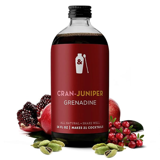 Shaker & Spoon Grenadine Cocktail Syrup, 16oz Cranberry, Juniper & Cardamom Flavored Syrups for Drinks, Vegan Craft Cocktail Mixers for Mocktails, Non Alcoholic Drinks