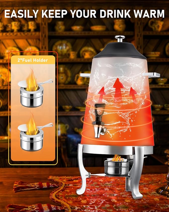 Coffee Urn With Fuel Holder, 3.5 Gallon/13L Stainless Steel Beverage Dispensers for Coffee Tea Hot Water, Hot Drink Dispenser with Stand, Chafer Urn with Spigot for Parties Catering (Painted Black)