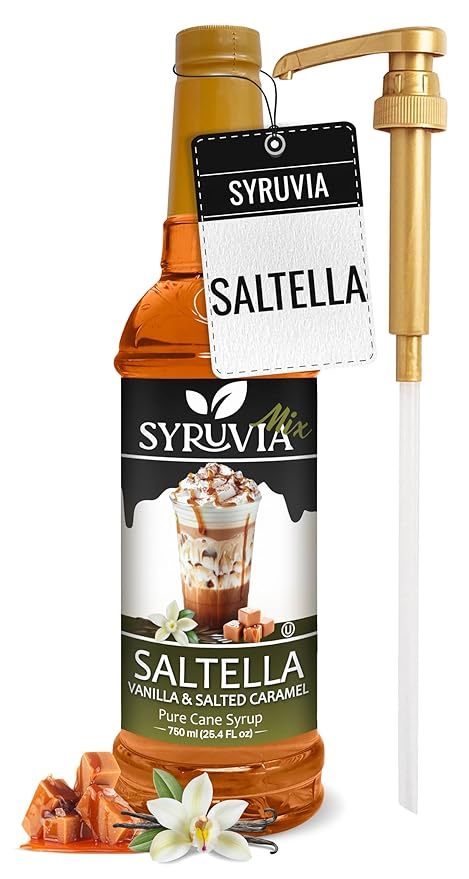 Syruvia SALTELLA Coffee Syrup Vanilla Salted Caramel - 25.4 fl oz - Kosher Syrups, Gluten Free With Pump