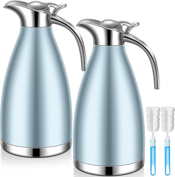 Uiifan 2 Pcs 68 oz Thermal Coffee Carafe Insulated Stainless Steel Coffee Carafe for Hot Liquids Vacuum Thermal Pot Creamer Dispenser with Brushes Keeping Hot Tea Milk Water(Khaki Blue)