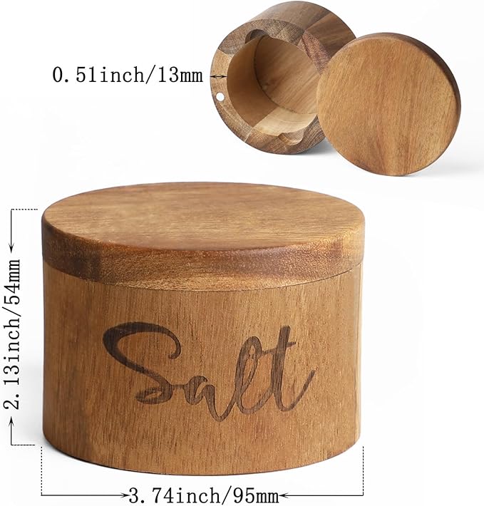 Acacia Wood Spice Box with Swivel Cover for Kitchen Countertop,Salt Keeper with Built-in Spoon,Modern Farmhouse Kitchen Decoror for Storing Seasonings (Labeled Salt & Pepper)
