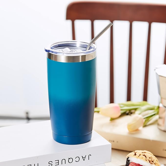 COMOOO 20oz Tumbler with Straw Stainless Steel Insulated Coffee Tumbler Cups Double Wall Vacuum Travel Coffee Mug with Splash Proof Sliding Lid for Hot Cold Drinks (Dark Night, 4 Pack)