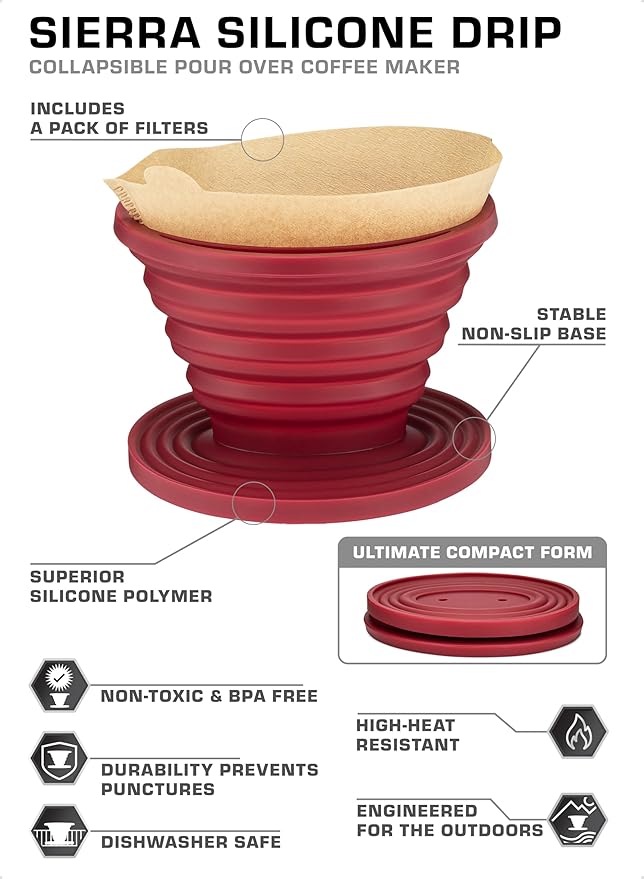 COLETTI Sierra Camping Pour Over Coffee Dripper — Collapsible Pour Over Coffee Dripper — Includes Pack of Paper Filters [Red, Pack of 2]