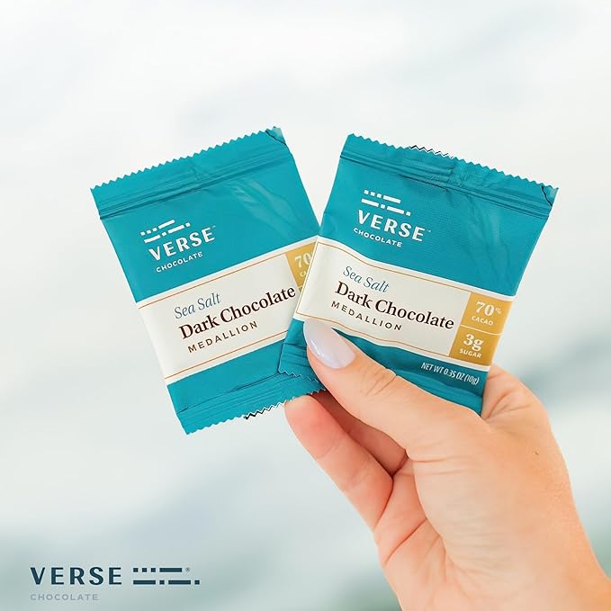 Verse Dark Chocolate Sea Salt Squares - Only 3g Cane Sugar - Creamy 70% Cocoa Dark Chocolate - Individually Wrapped Cacao Bar Squares (30 Count)