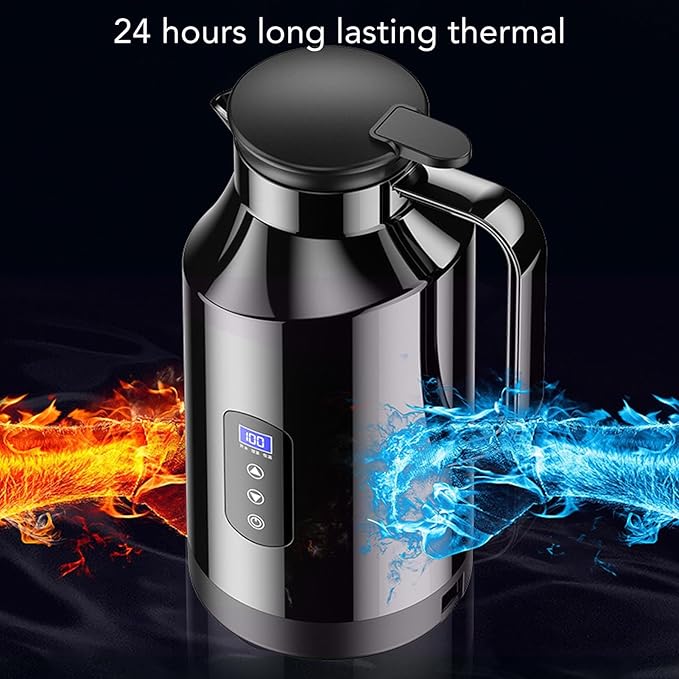 Haofy Portable Car Electric Kettle Hot Water Boiler 200W 1500ml 12V 24V Stainless Steel Display with Cigarette Lighter Plug for Travel